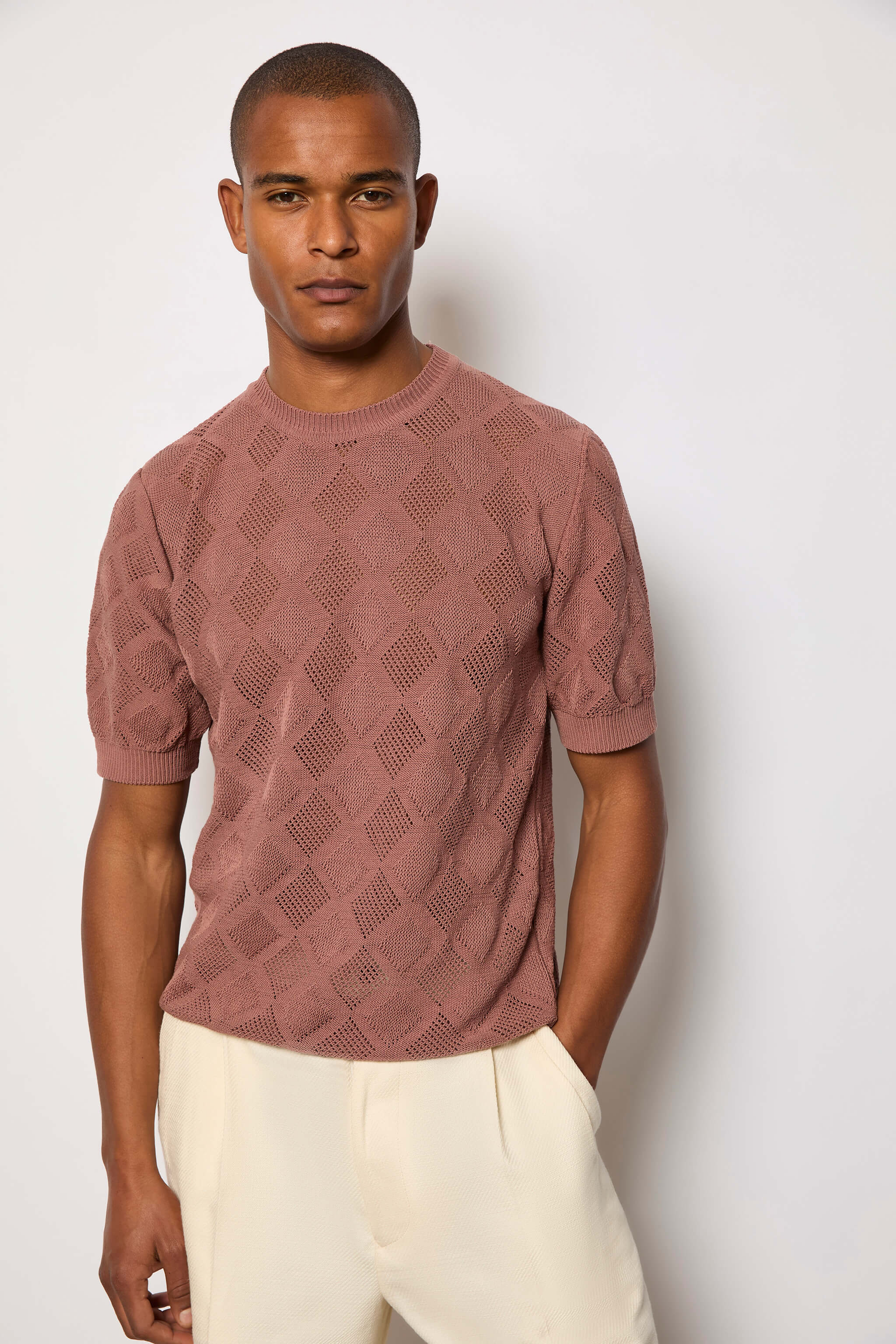 Maglia manica corta traforata bordeaux