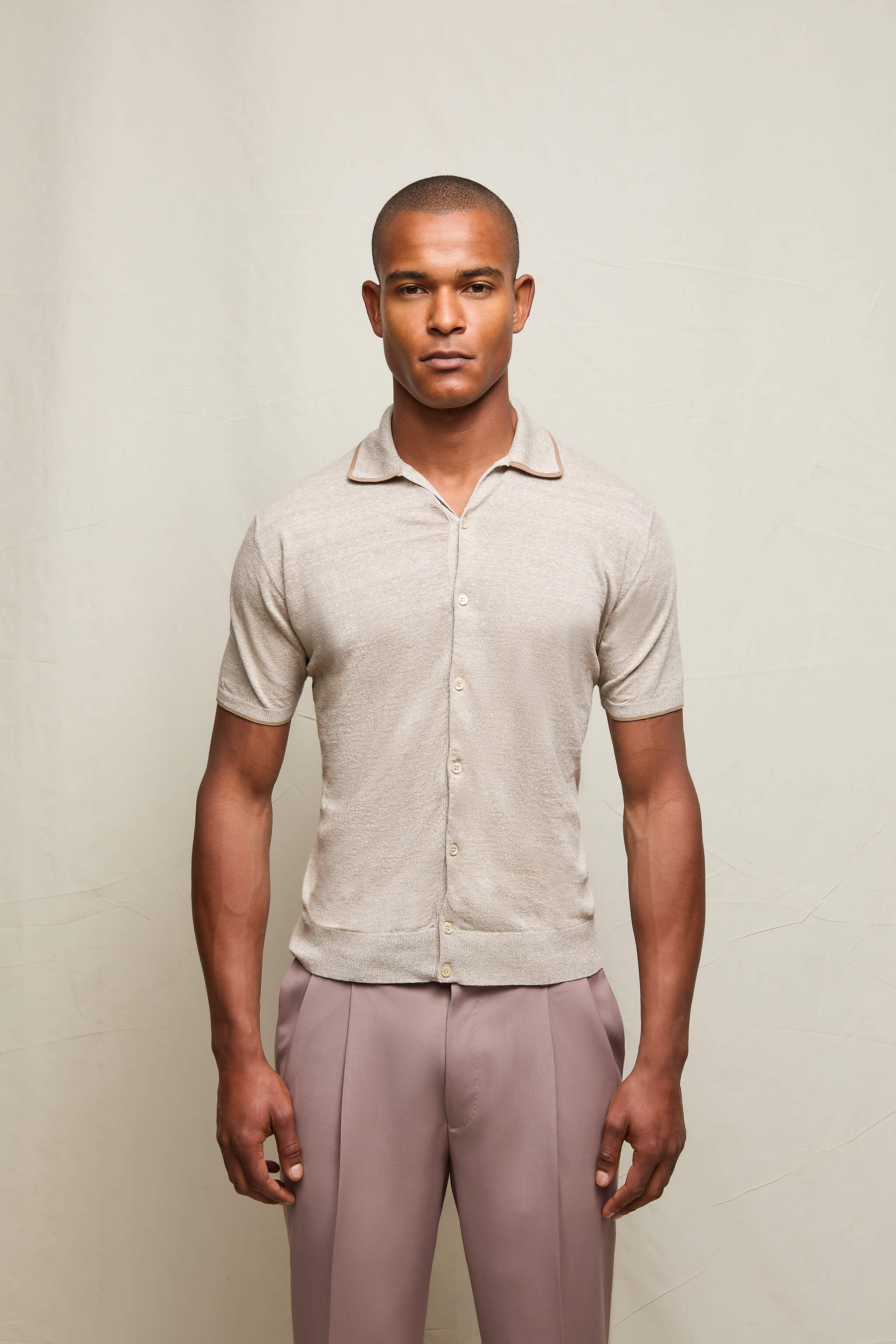 Polo in lino e cotone beige con bottoni - Image 2