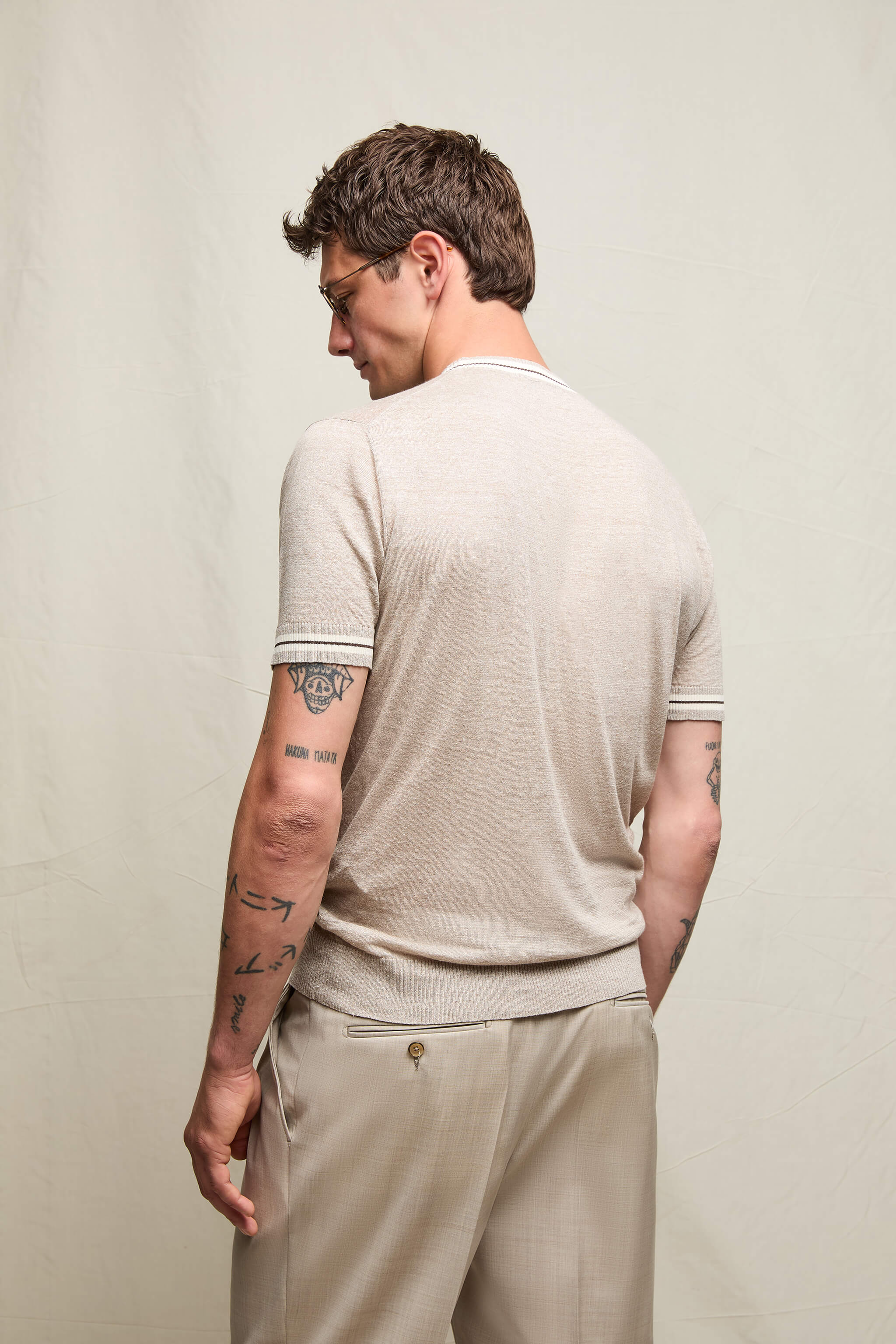 Maglia manica corta in lino e cotone beige - Image 2